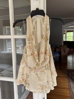 AKIRA Cream / Beige Sequin Floral Halter Mini